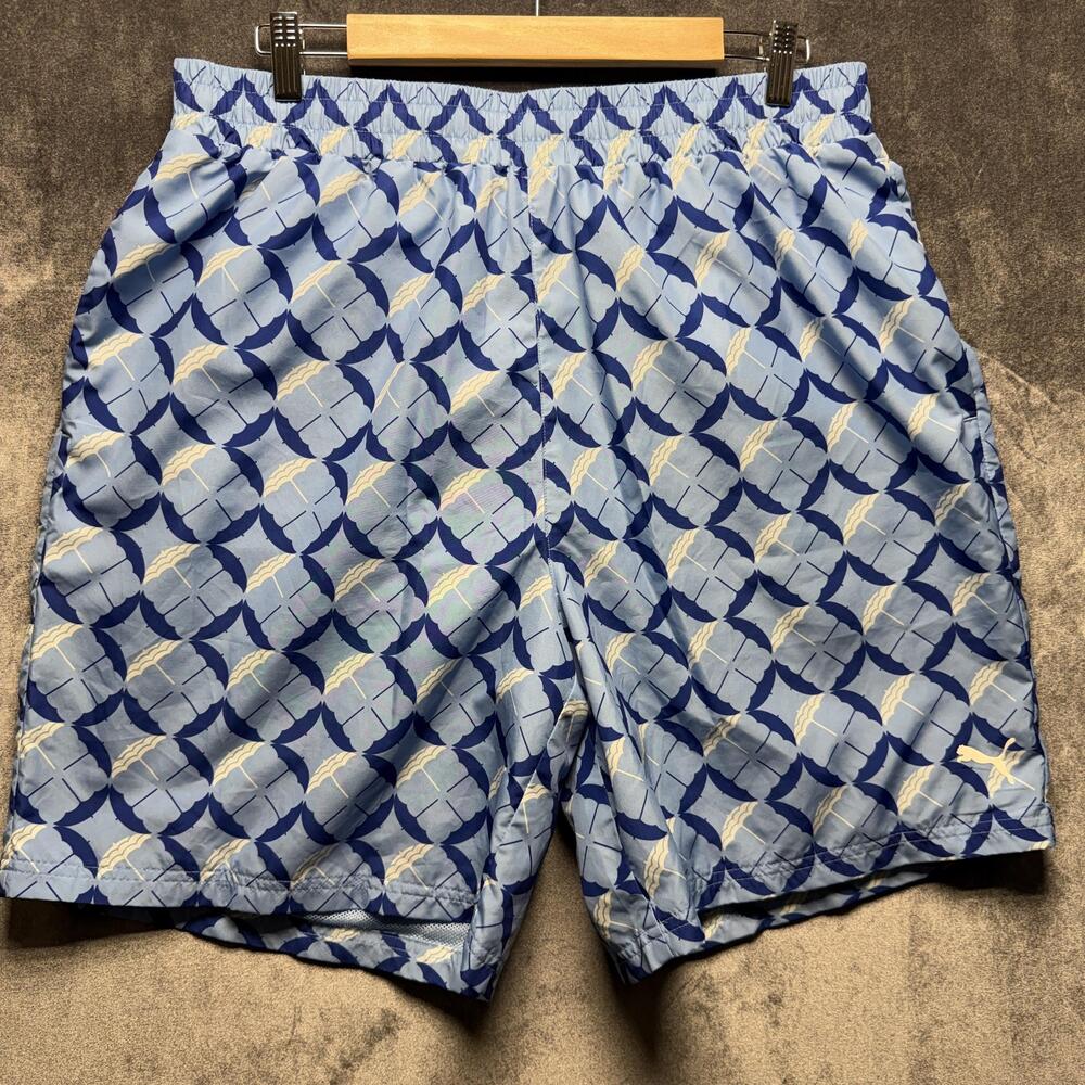 Puma Shorts Mens XL Blue Swim Mesh Lined Umbrella Print Drawstring Pockets
